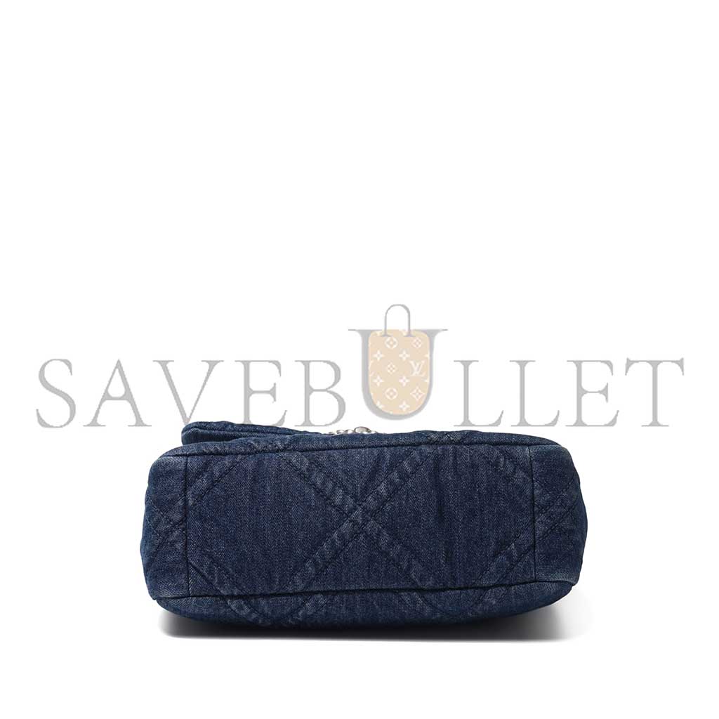 CHANEL BLUE QUILTED DENIM 19 FLAP BAG RUTHENIUM, BRUSHED GOLD AND PALE GOLD HARDWARE AS1160 (26*16*9cm)